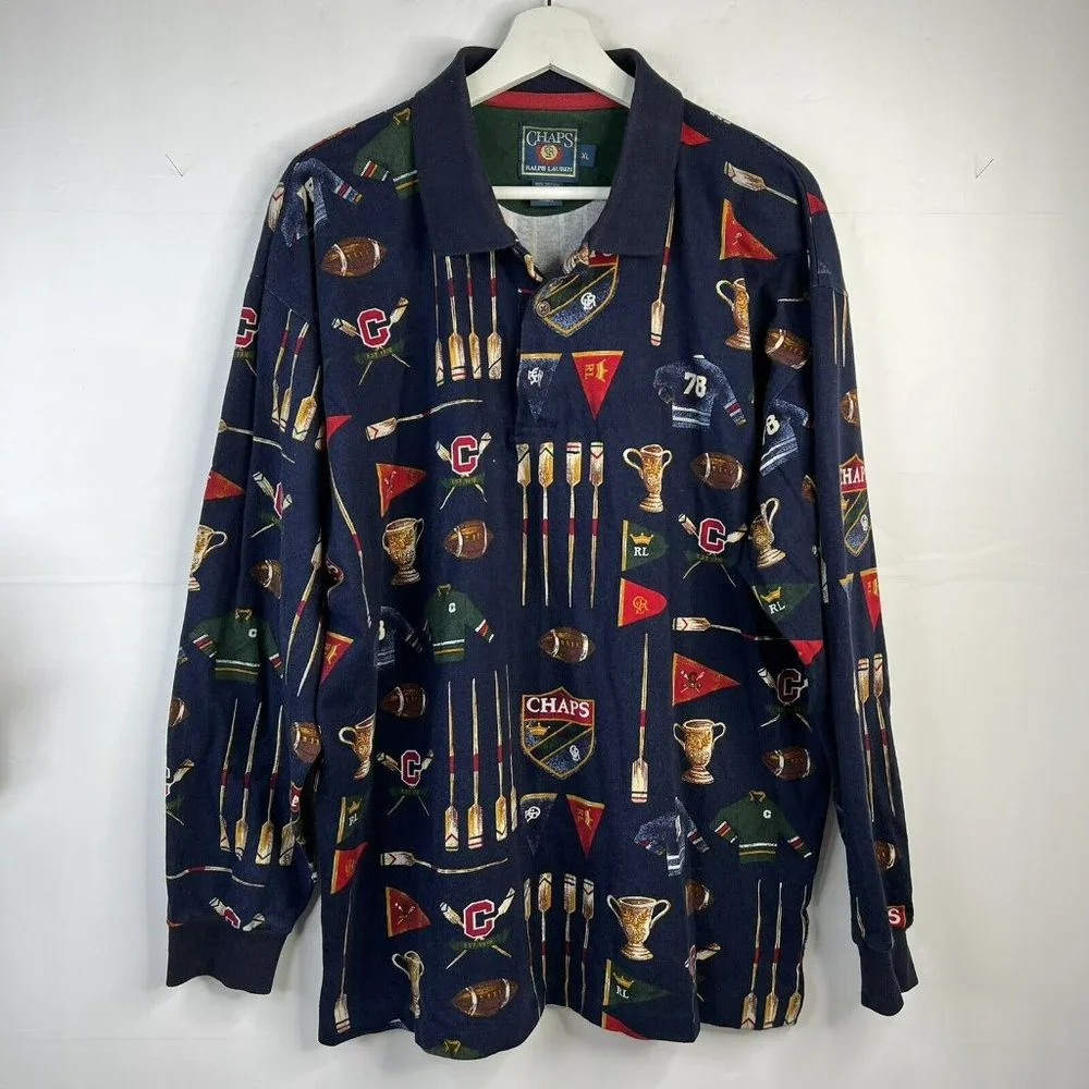 Vintage 90s Chaps Ralph Lauren Rugby Over Print Sports Polo Mens Size XL Rare - Picture 2 of 10
